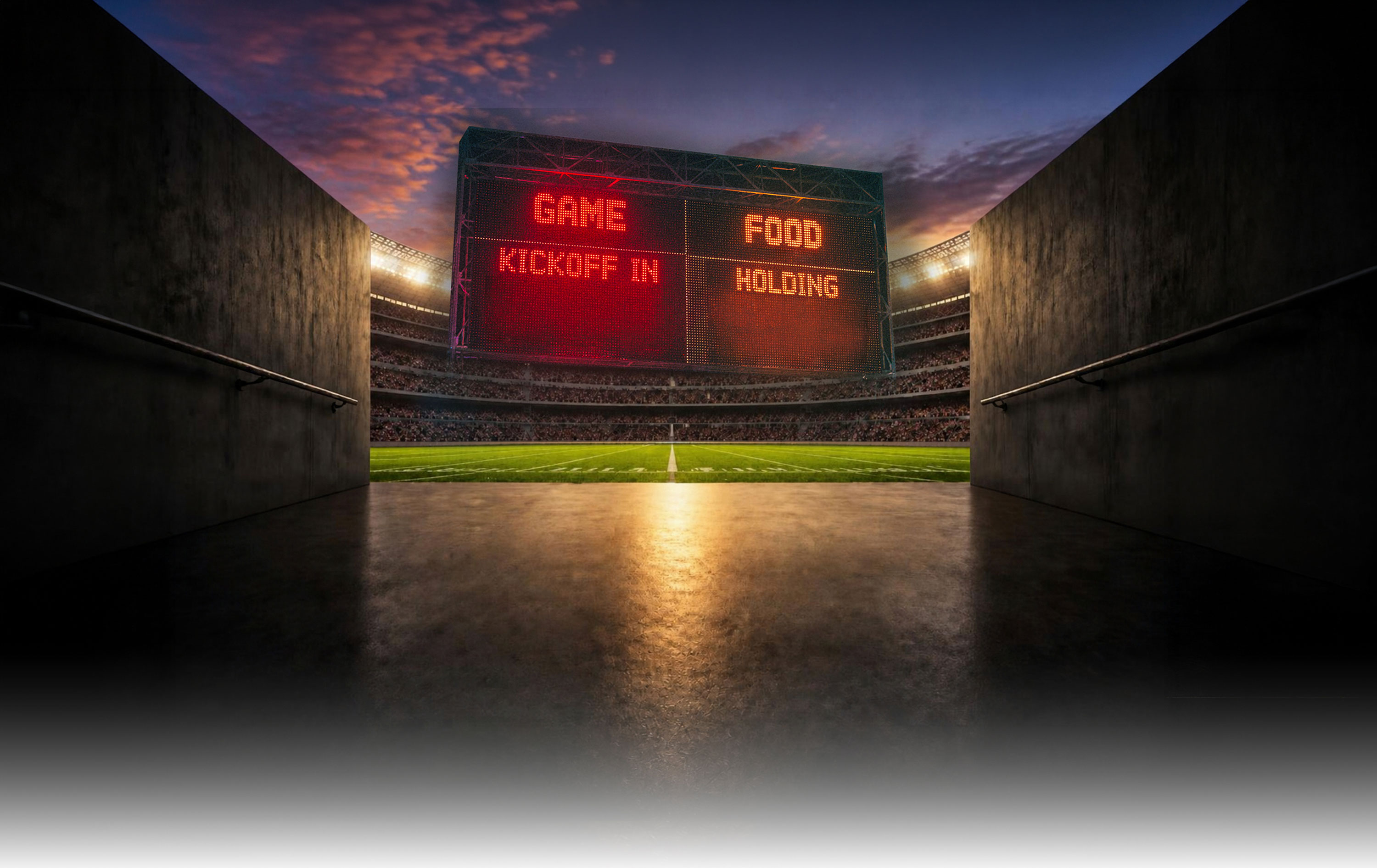 A stadium scoreboard overlooking the field from the players’ tunnel.